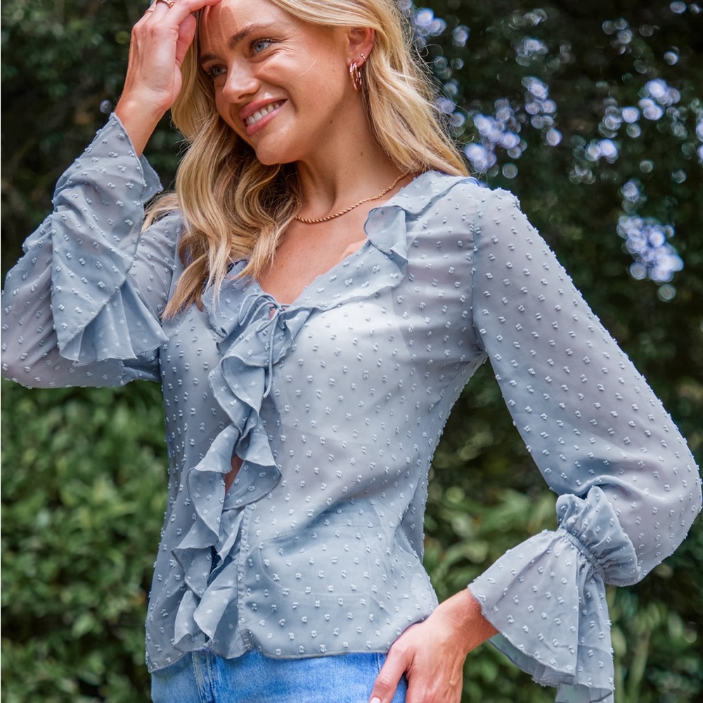 Cupshe Light Blue Blouson Sleeve Ruffled Swiss Dot Blou